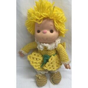 Ice Cream Face Baby 12” Doll Hand Crochet Dress Yellow Yarn Hair Plush Vtg 80s